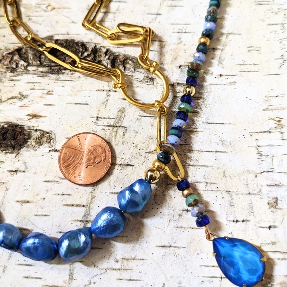 Blue Glass Czech Beads & Crystal Pendant In Two Strand Paperclip Necklace - Picture 7 of 10